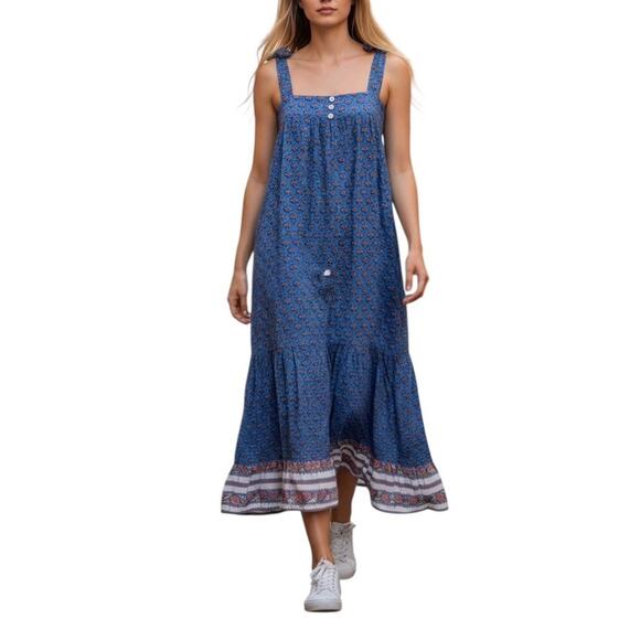 Anthropologie Cleobella India Midi Dress Blue Cotton Lotus Size Large No Belt - Picture 1 of 8
